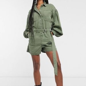 AllSaints jess long sleeve utility playsuit in khaki green